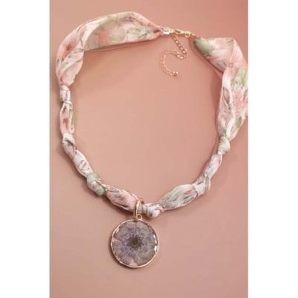 Pink Floral Chiffon Ribbon Cord Necklace Pressed Purple Flower Pendant Gold Tone